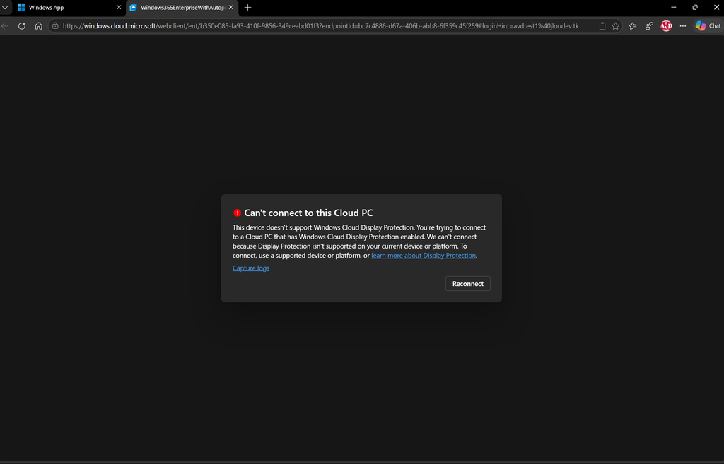 Message d'erreur lors d'une connexion Windows 365 depuis le navigateur web