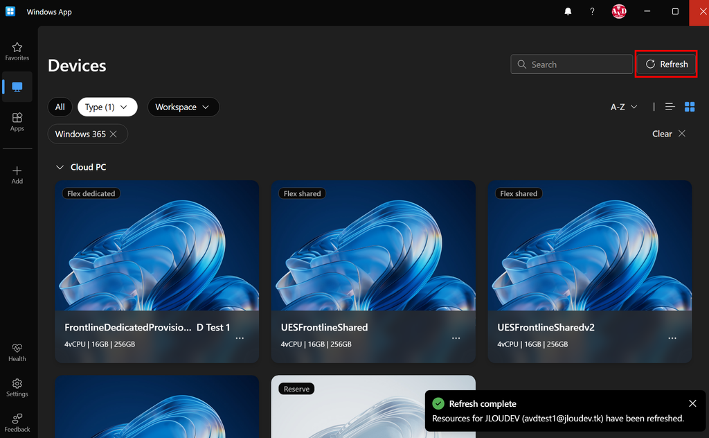 Rafraîchissement de la configuration dans Windows App pour un Cloud PC Windows 365