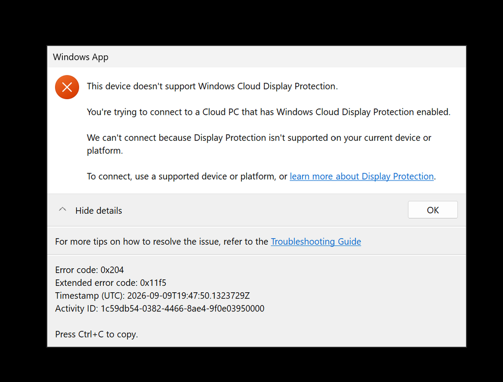 Message d'erreur de client incompatible affiché par Windows App lors d'une connexion protégée