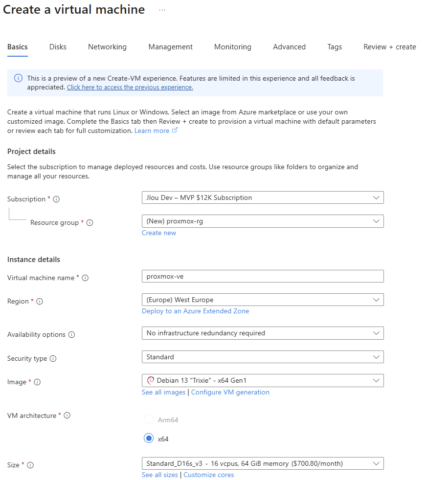 Portail Azure, onglet Basics de l'assistant de création de machine virtuelle avec l'image Debian 13 Trixie et la taille Standard_D16s_v3