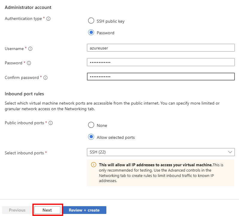 Portail Azure, section Administrator account avec authentification par mot de passe et ouverture du port SSH 22