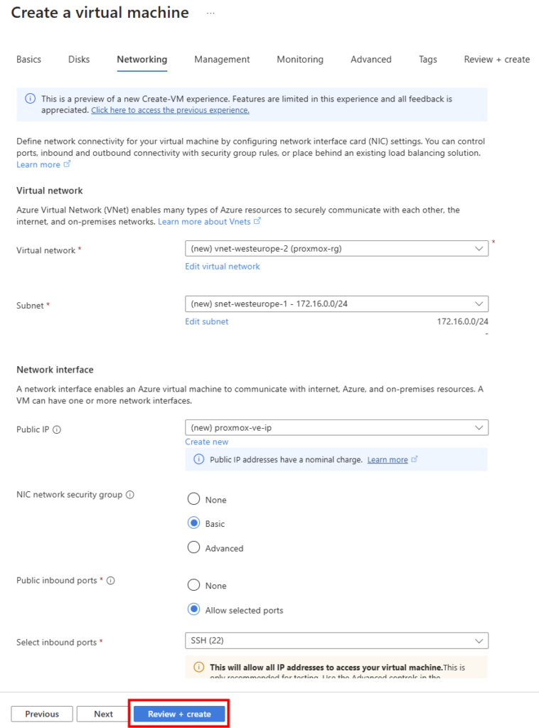 Portail Azure, onglet Networking avec le réseau virtuel vnet-westeurope-2, le sous-réseau 172.16.0.0/24 et une IP publique