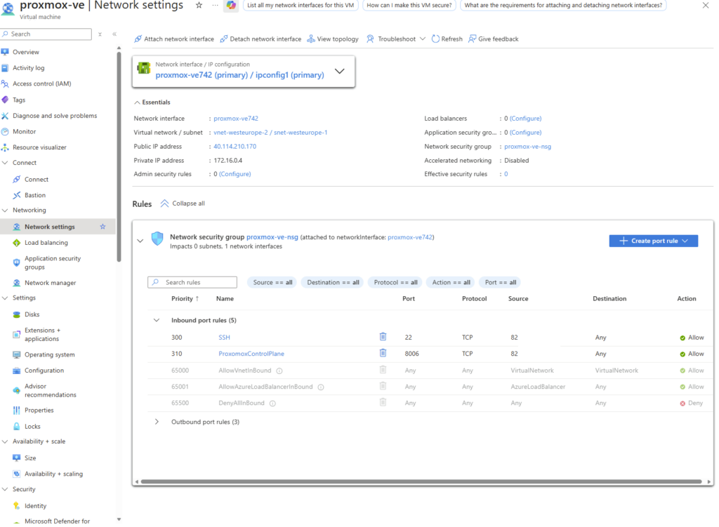 Paramètres réseau de la VM Azure proxmox-ve avec la règle ProxmoxControlPlane autorisant le port 8006