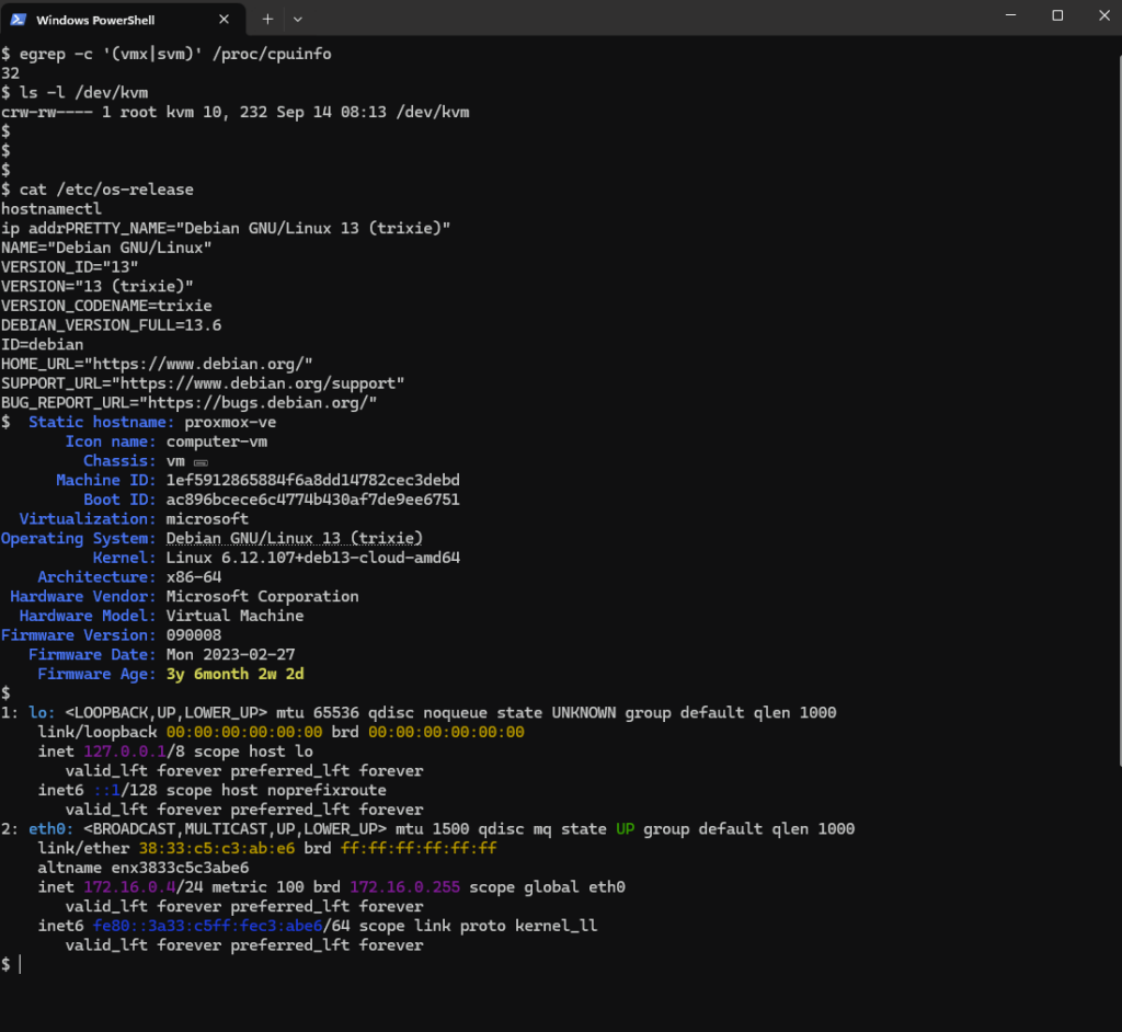 Terminal affichant cat /etc/os-release, hostnamectl et ip addr sur la VM Debian 13 Trixie hébergée par Azure