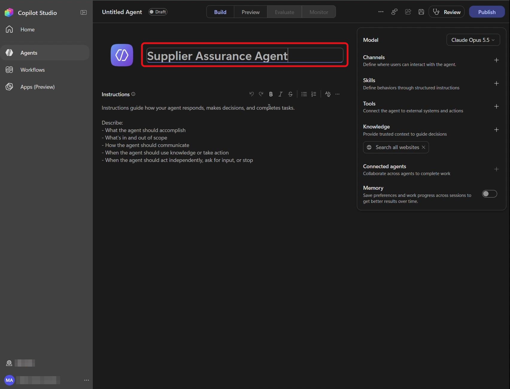 Étape 2 du lab ILL224 : nommer l’agent (Copilot Studio)