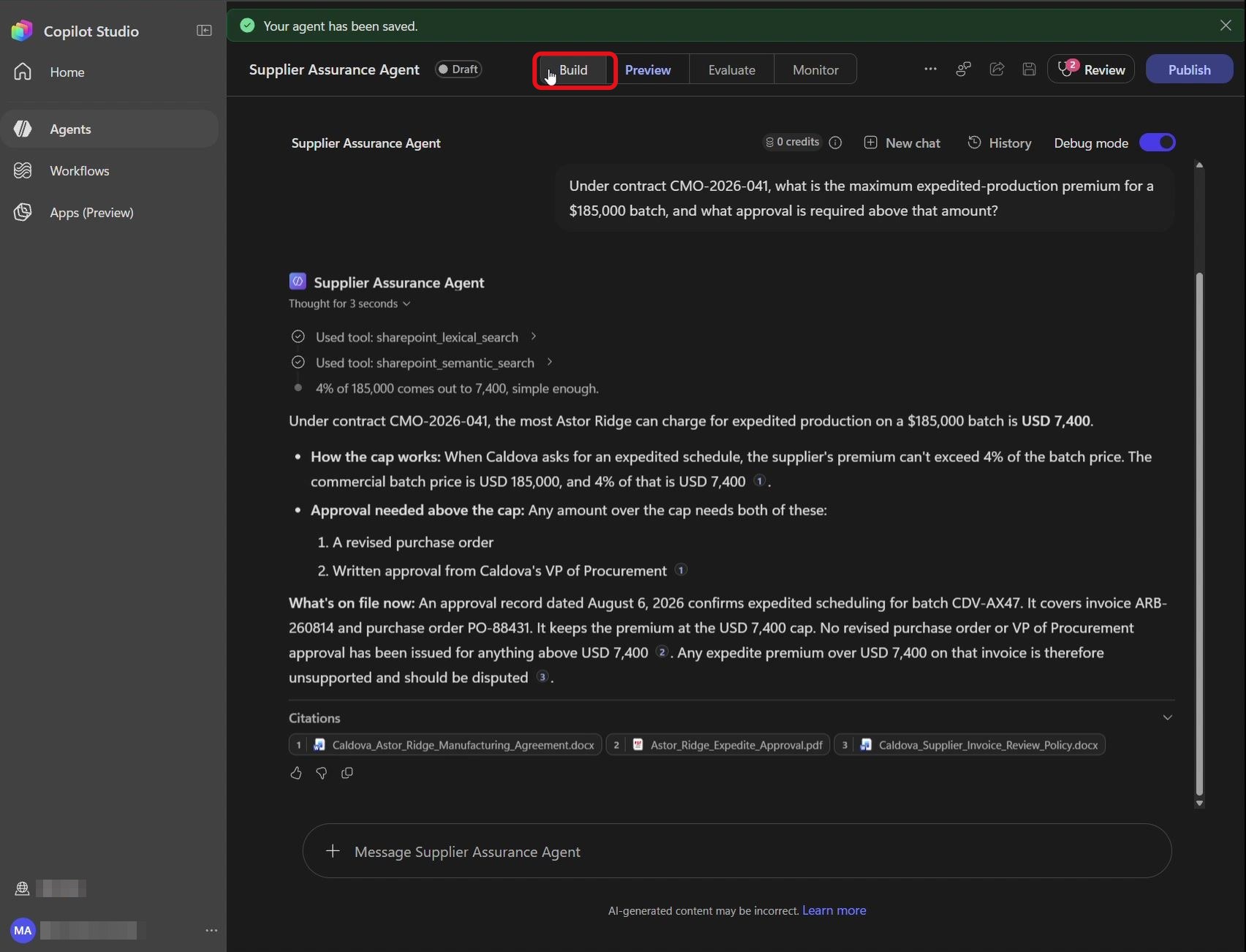 Étape 8 du lab ILL224 : revenir à la vue Build (Copilot Studio)