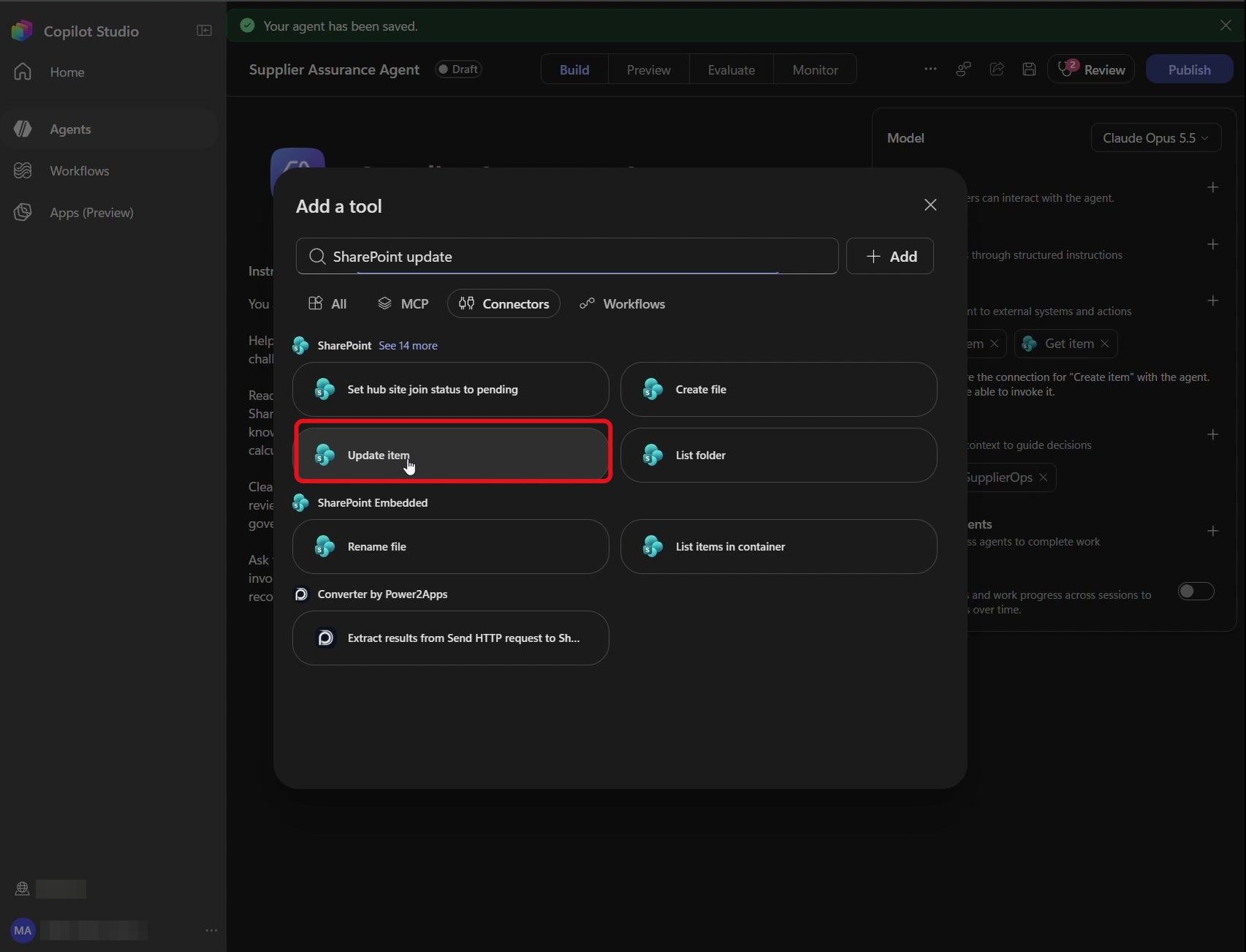 Étape 11 du lab ILL224 : ajouter l’outil Update item (Copilot Studio)