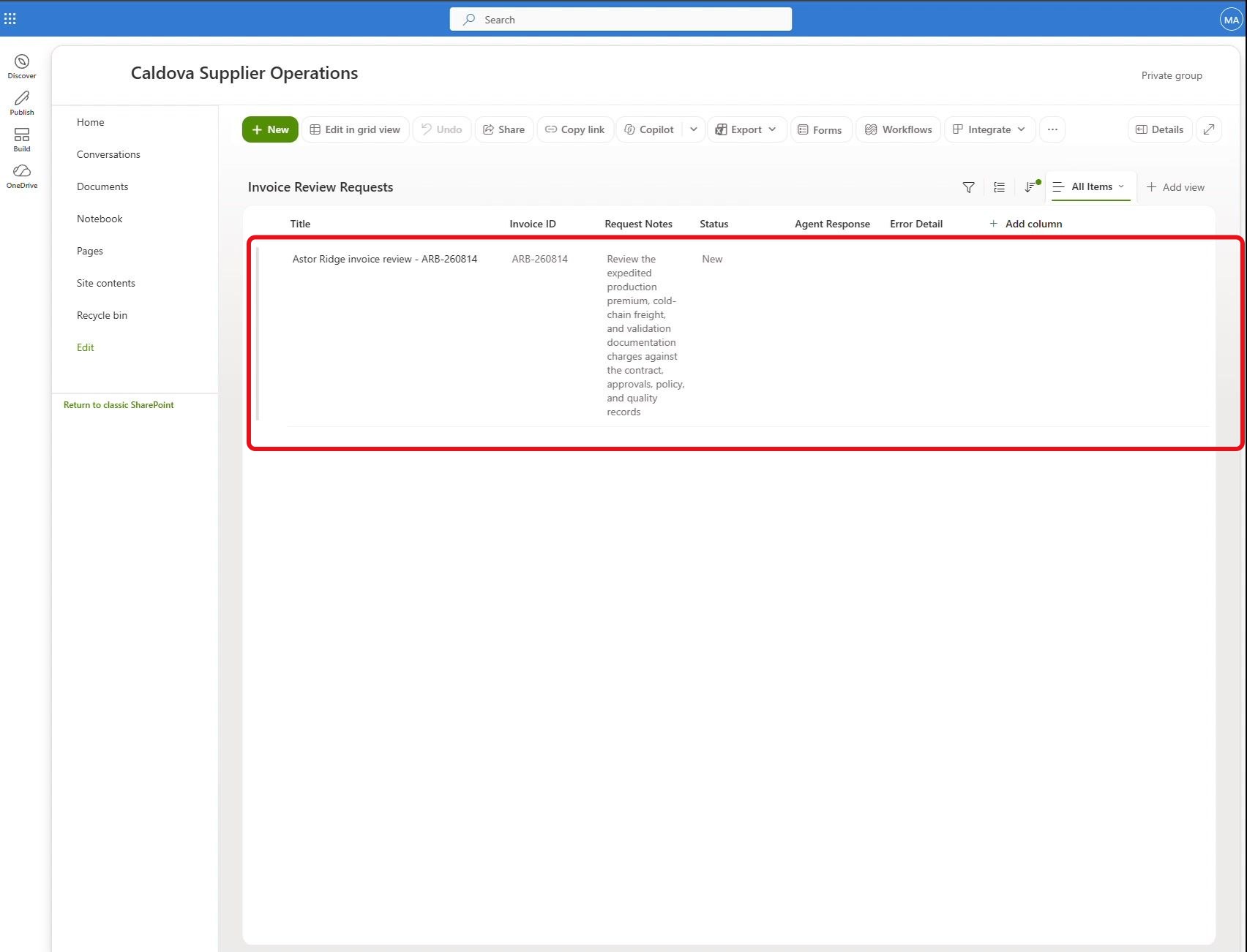 Étape 15 du lab ILL224 : vérifier la demande dans SharePoint (SharePoint)