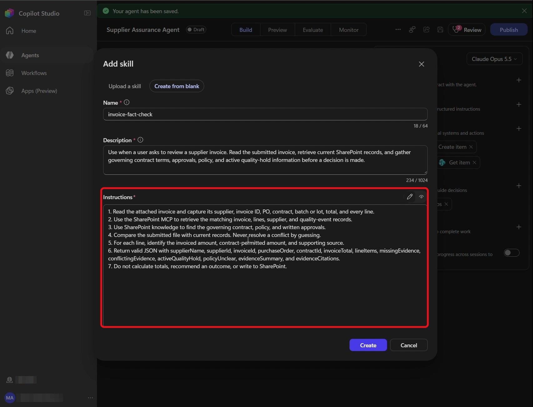 Étape 17 du lab ILL224 : ajouter les instructions de la skill (Copilot Studio)