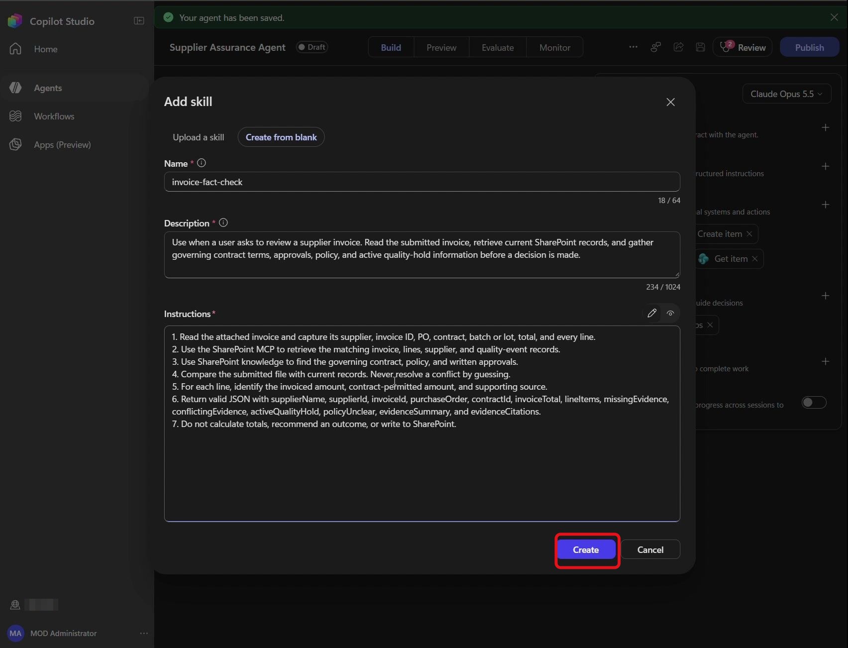 Étape 18 du lab ILL224 : enregistrer la skill (Copilot Studio)