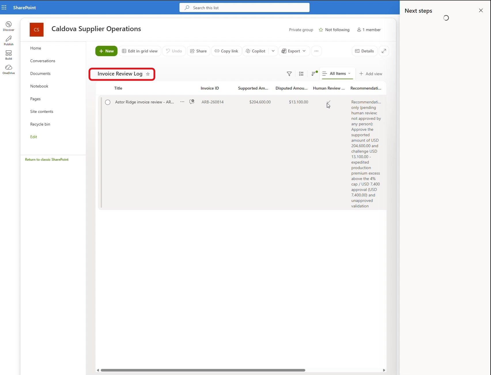 Étape 31 du lab ILL224 : ouvrir le journal de revue (SharePoint)