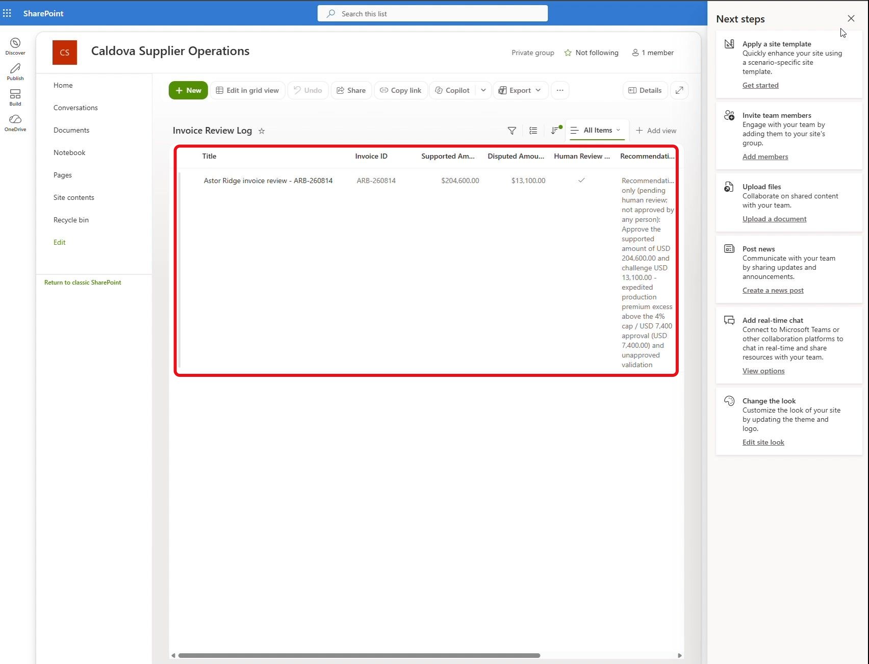 Étape 32 du lab ILL224 : sélectionner la nouvelle entrée (SharePoint)