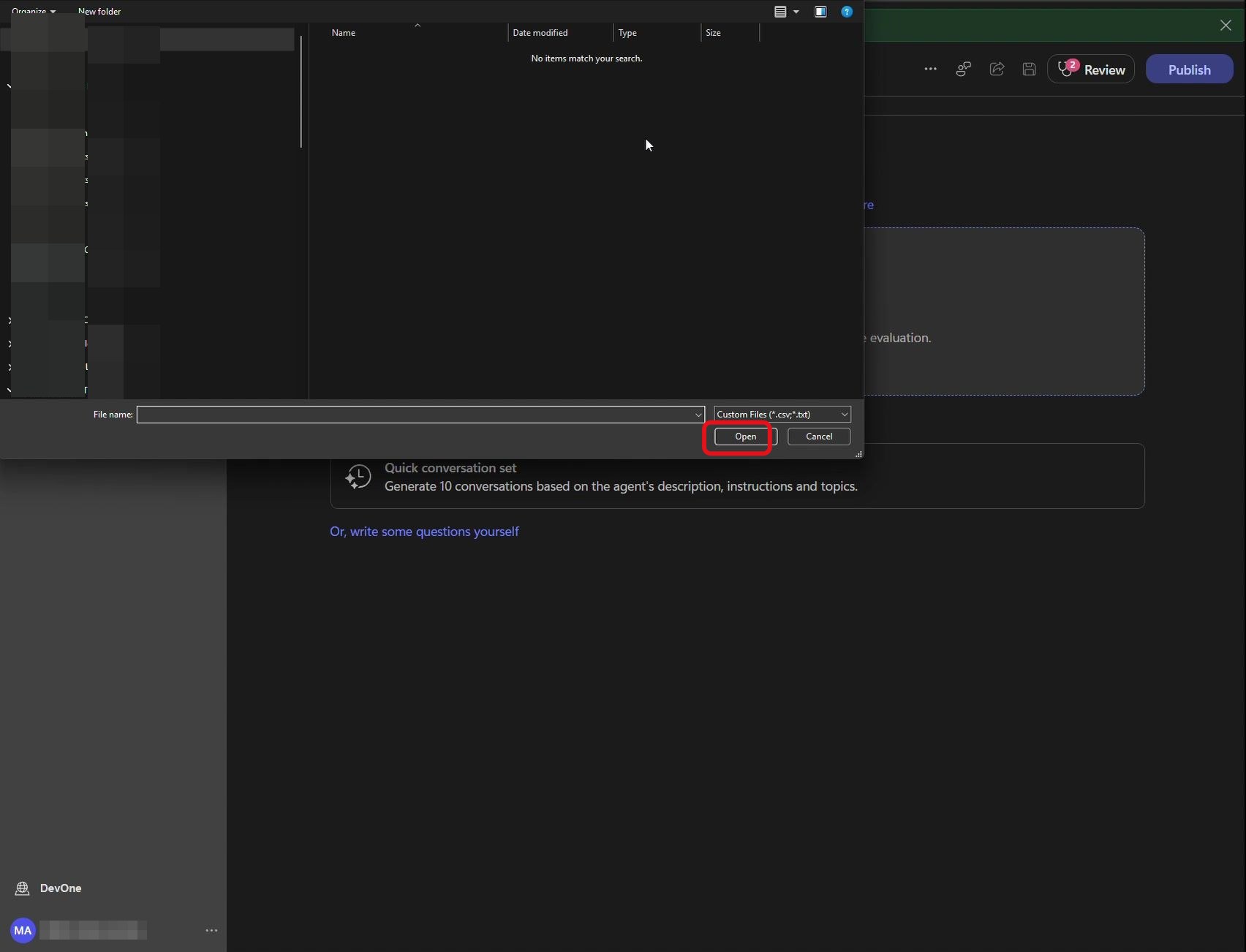 Étape 45 du lab ILL224 : sélectionner le CSV (Copilot Studio)