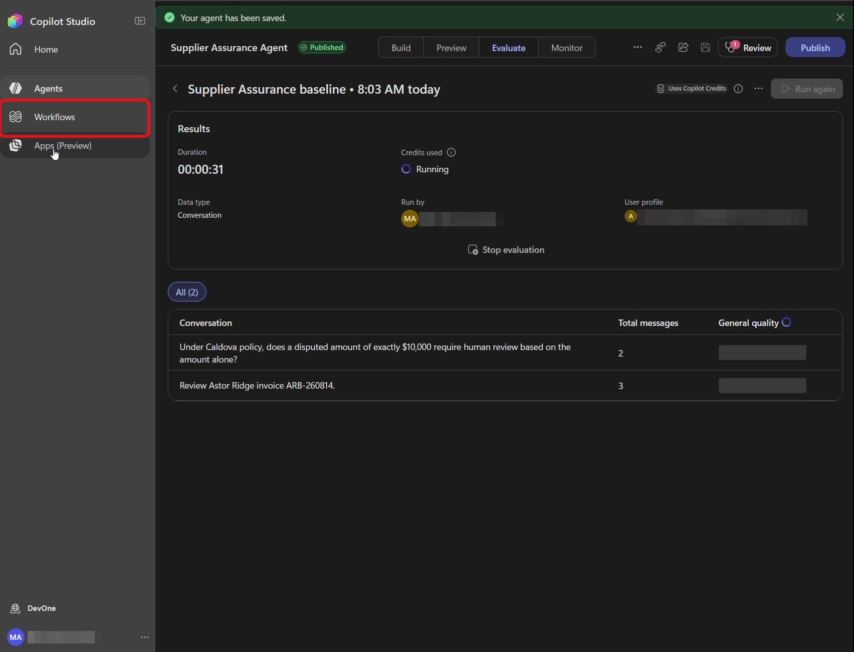 Étape 56 du lab ILL224 : ouvrir les workflows (Copilot Studio)