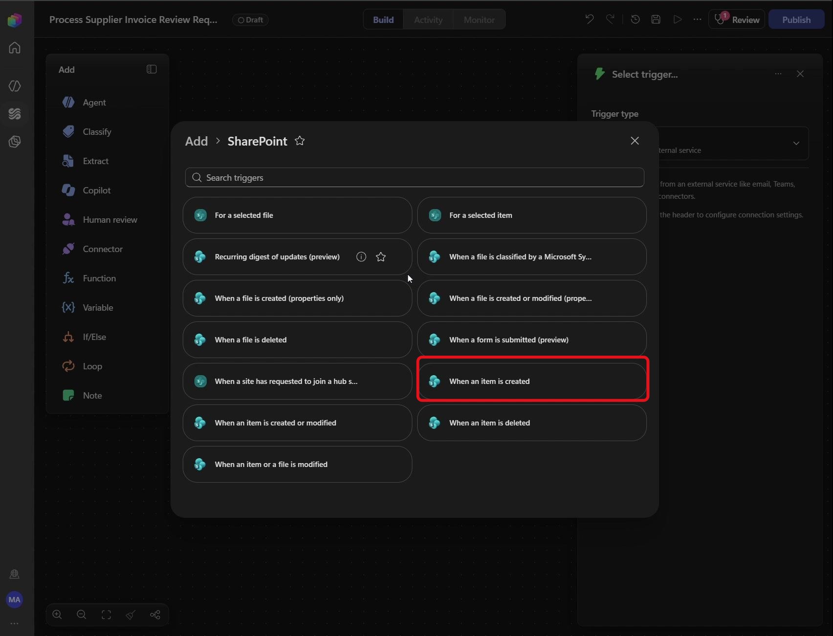 Étape 60 du lab ILL224 : choisir le déclencheur SharePoint (Copilot Studio)