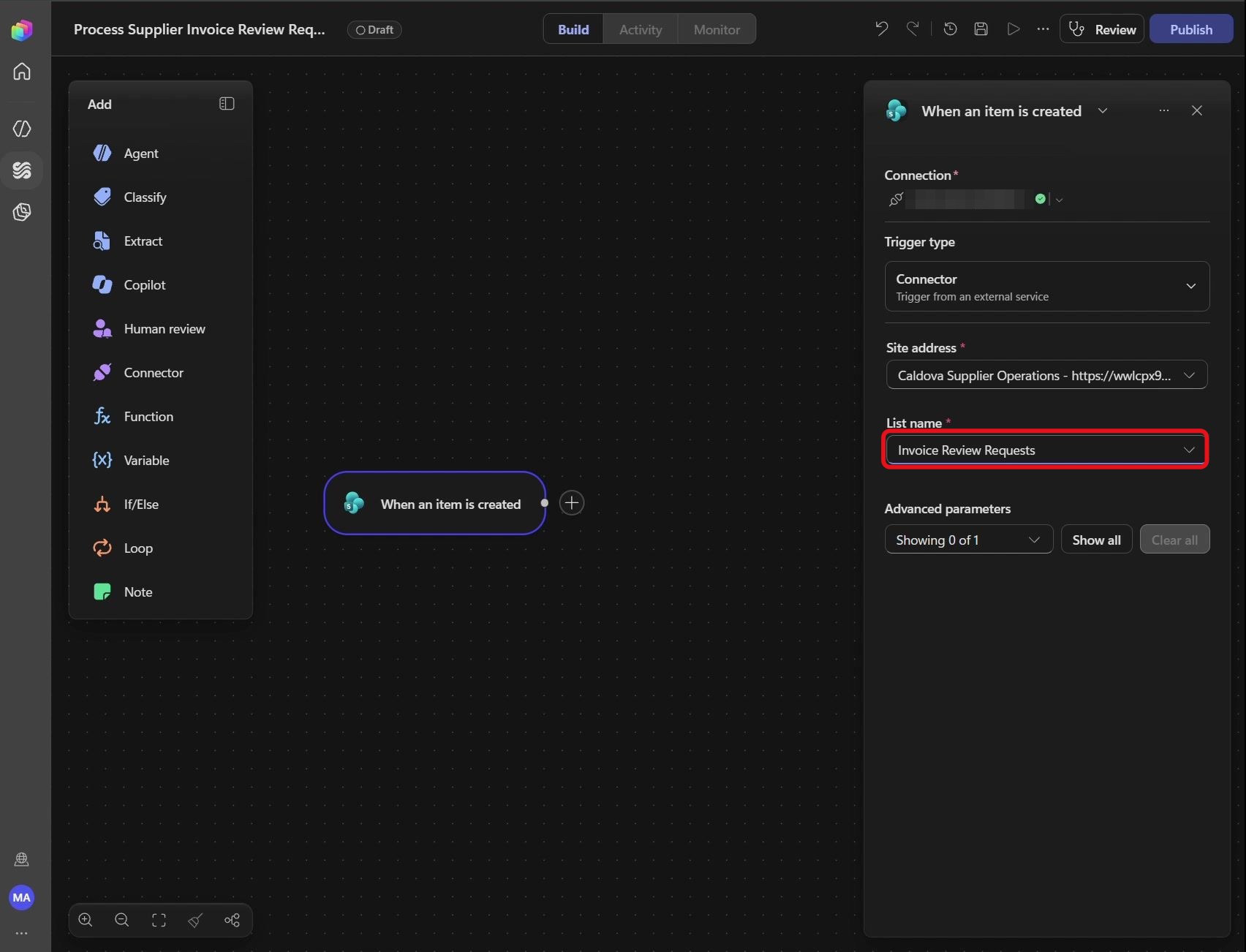 Étape 62 du lab ILL224 : sélectionner la liste (Copilot Studio)