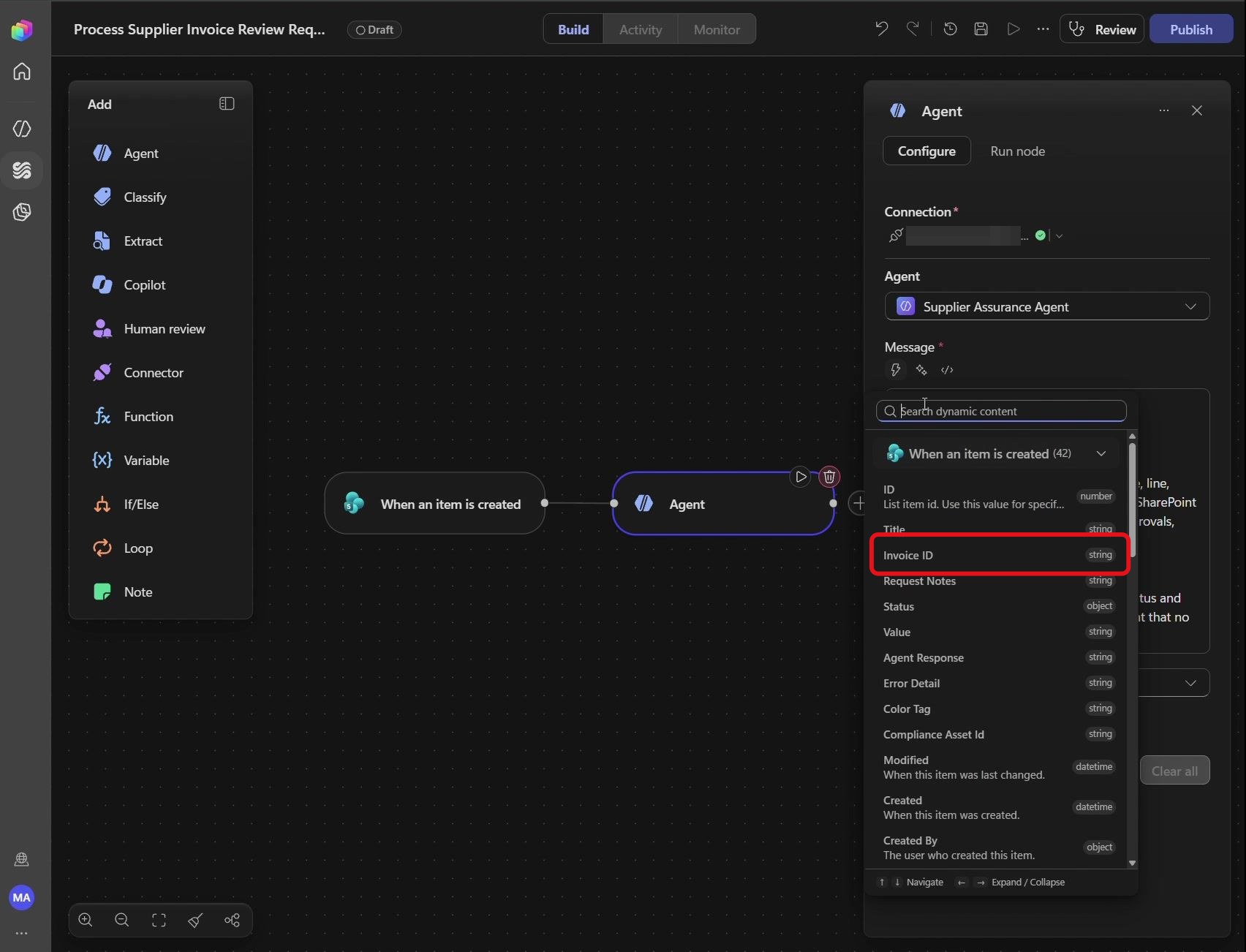 Étape 67 du lab ILL224 : insérer Invoice ID (Copilot Studio)