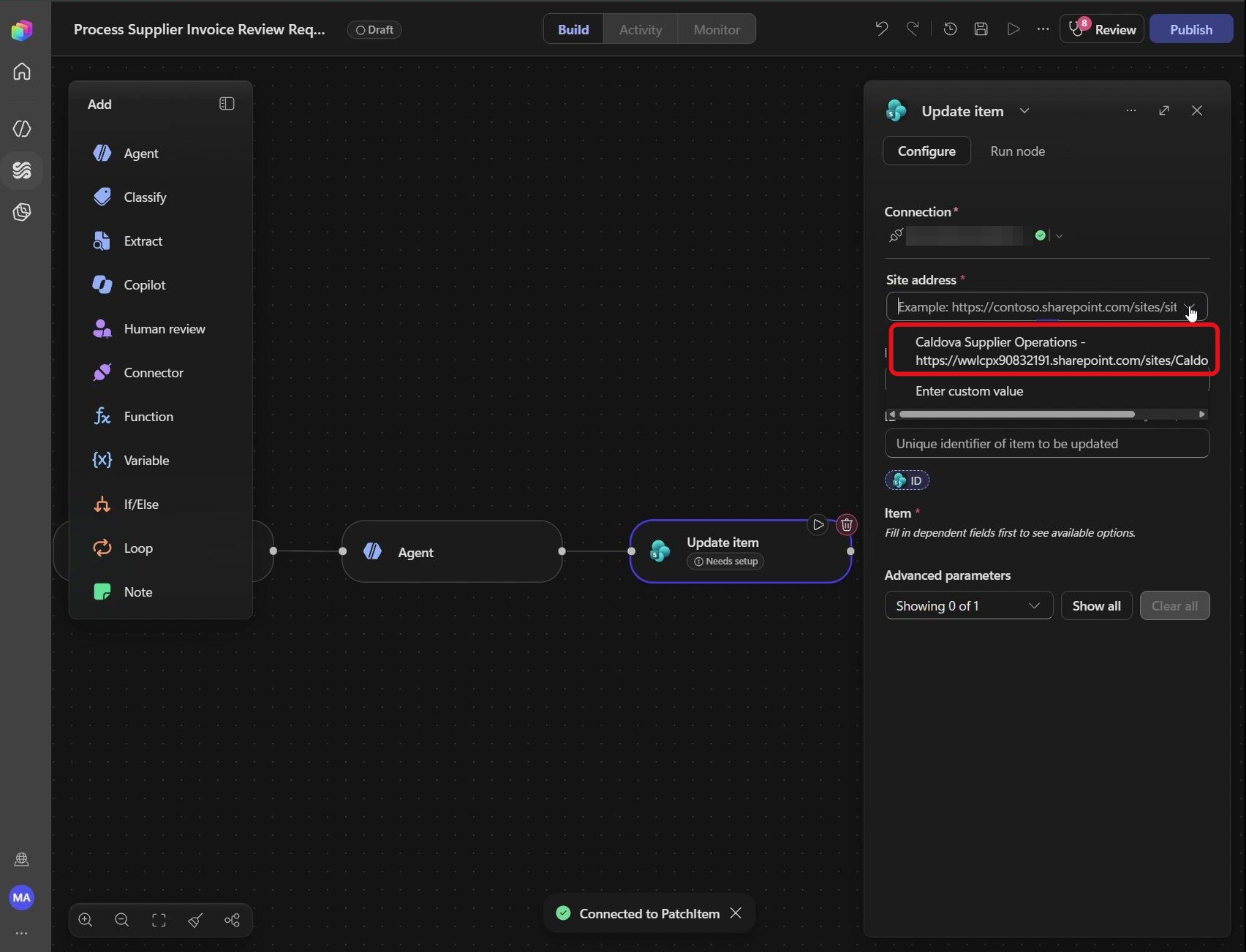 Étape 71 du lab ILL224 : sélectionner le site (Copilot Studio)