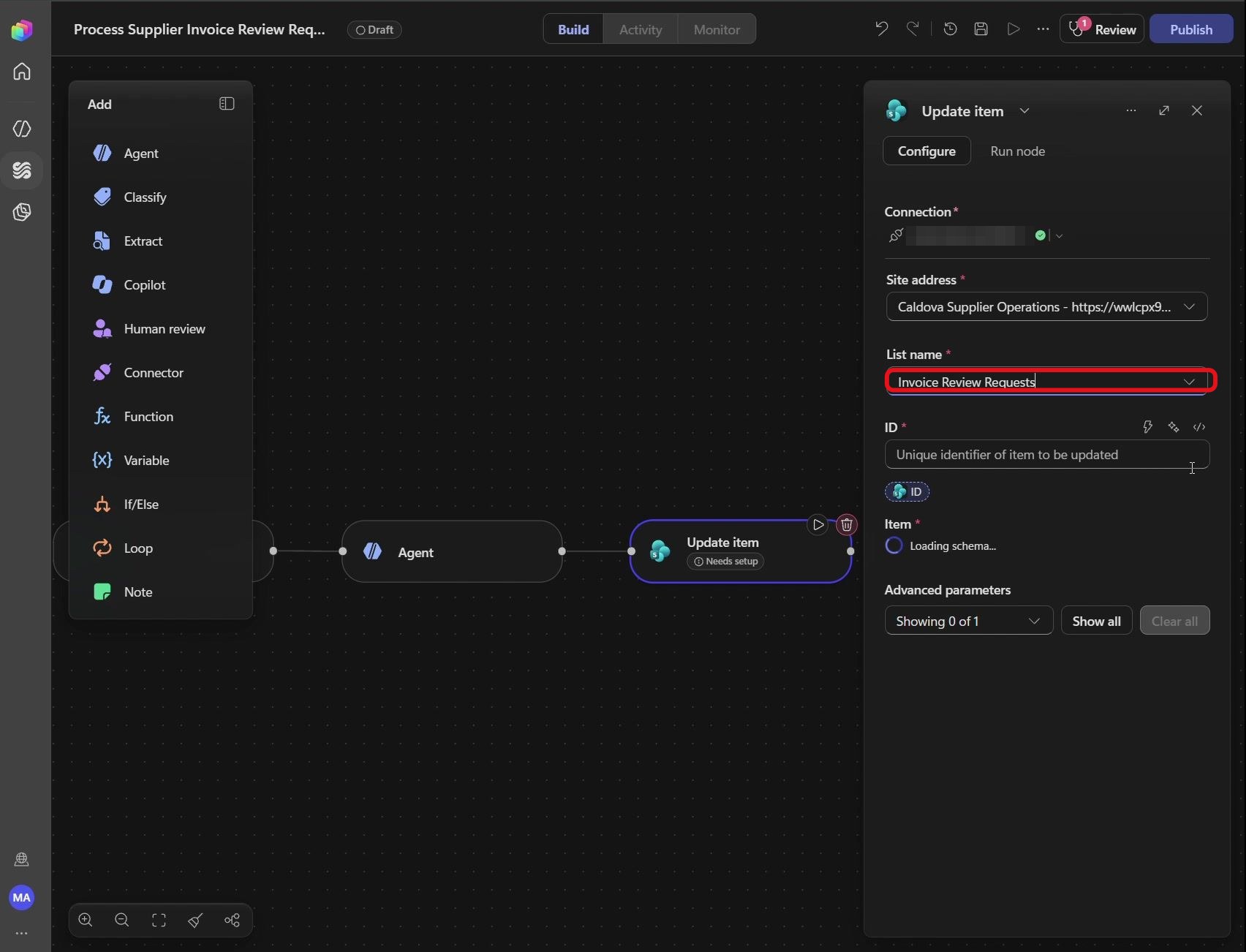 Étape 72 du lab ILL224 : sélectionner la liste (Copilot Studio)