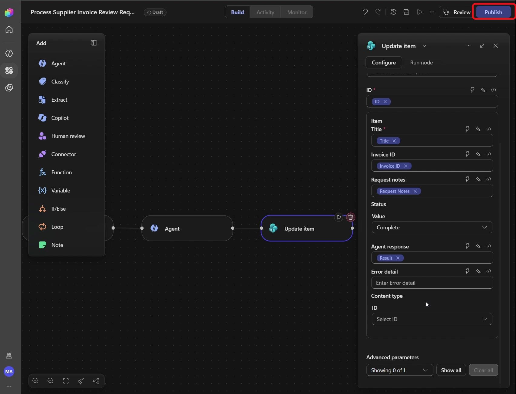 Étape 74 du lab ILL224 : publier le workflow (Copilot Studio)