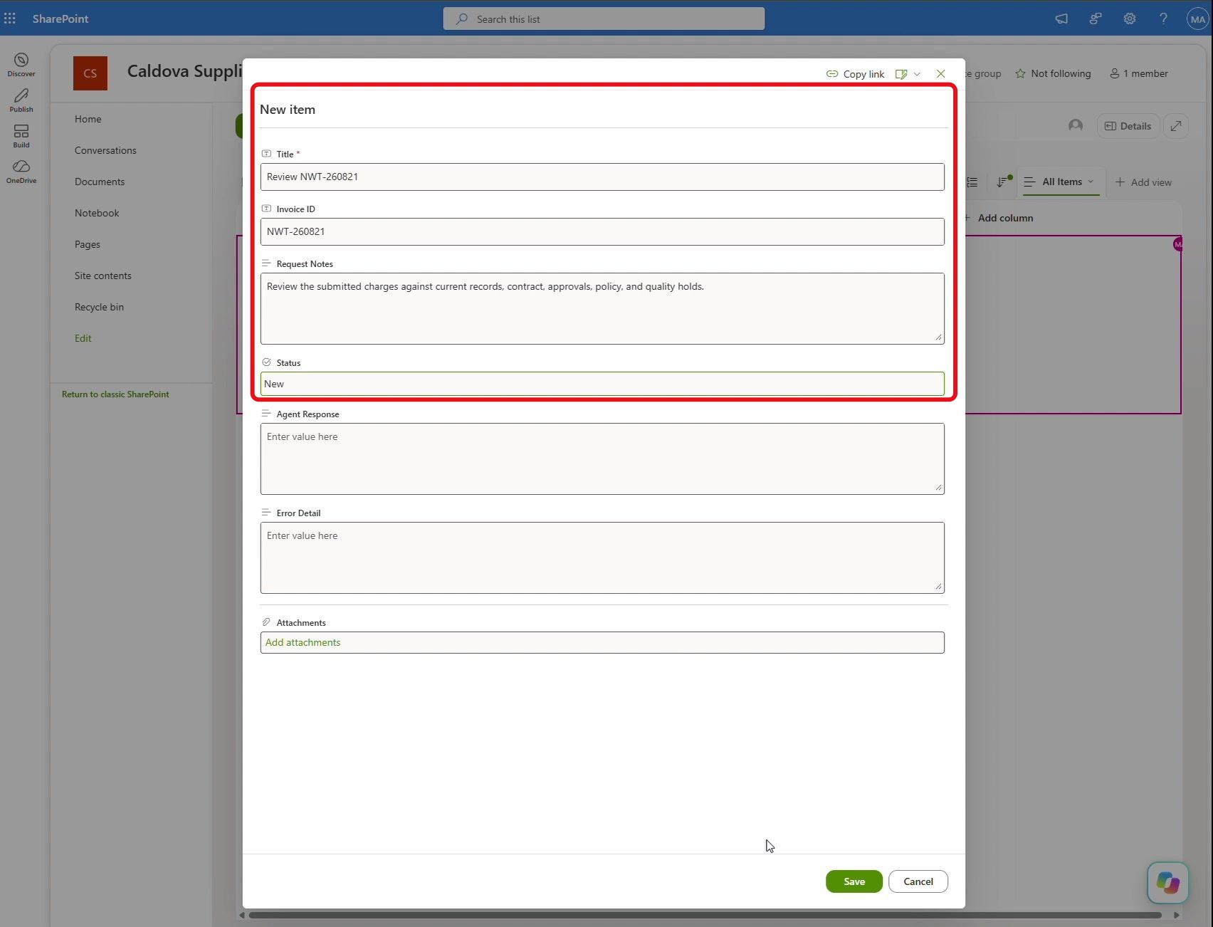 Étape 75 du lab ILL224 : créer une nouvelle demande (SharePoint)