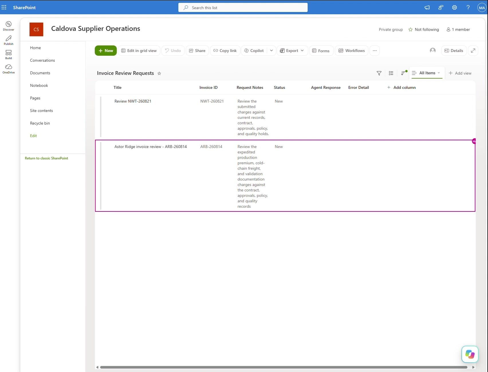 Étape 76 du lab ILL224 : enregistrer la demande (SharePoint)