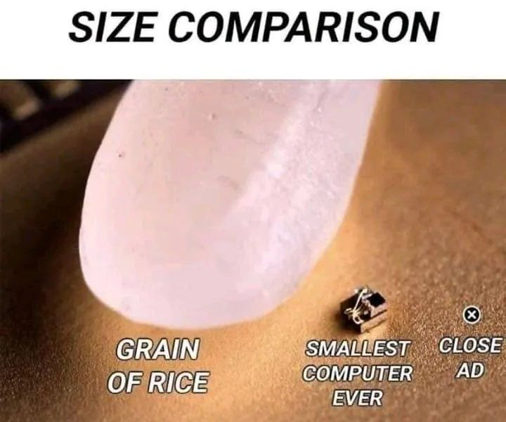 Mème « Size comparison » comparant un grain de riz au plus petit ordinateur du monde, plus petit que le bouton de fermeture d’une publicité