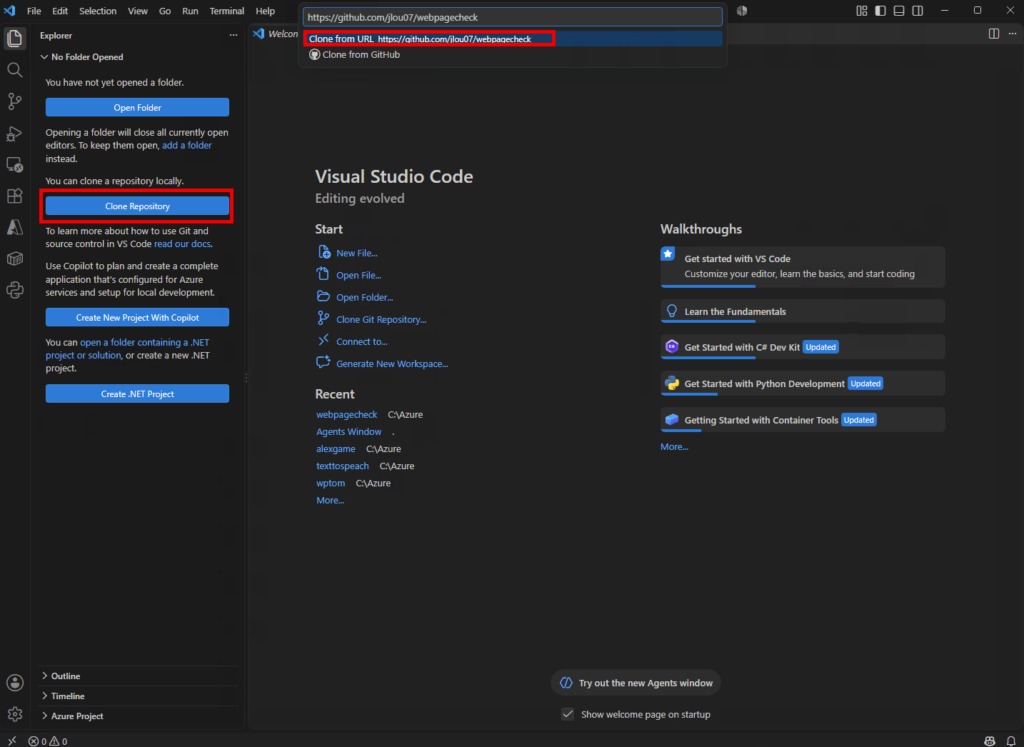 Visual Studio Code : bouton Clone Repository et URL https://github.com/jlou07/webpagecheck