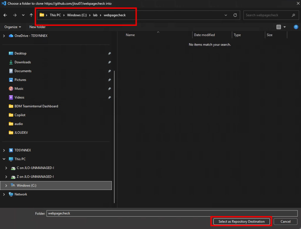 Choix du dossier de destination C:\lab\webpagecheck pour cloner le dépôt webpagecheck