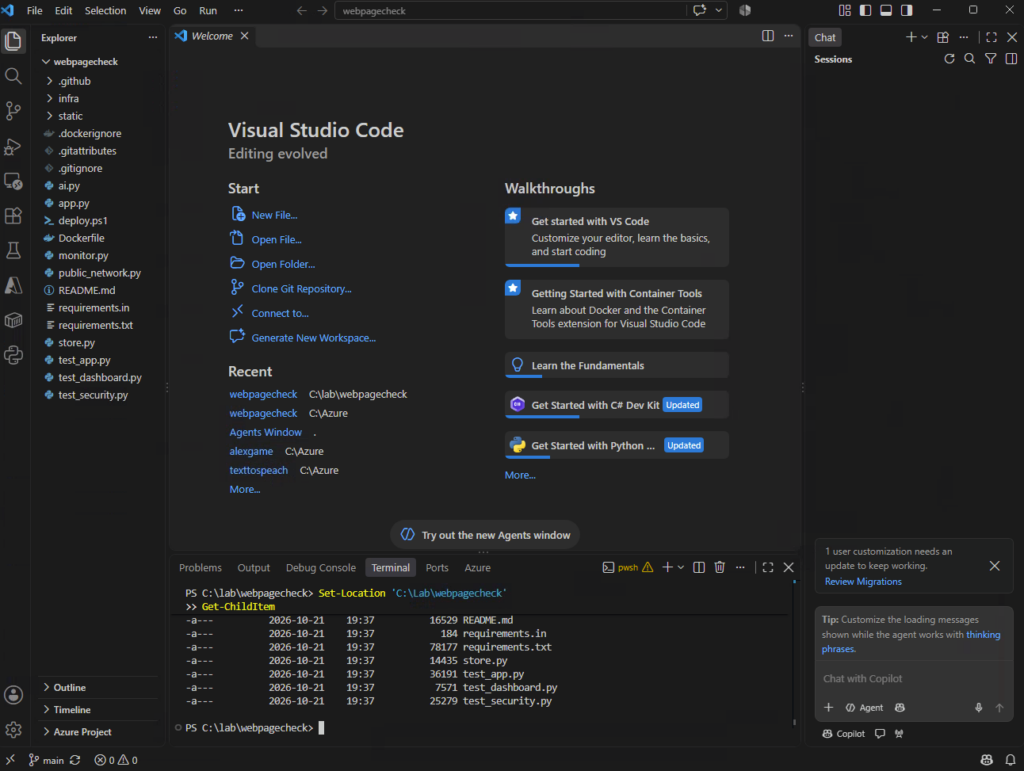 Terminal PowerShell listant les fichiers du projet webpagecheck