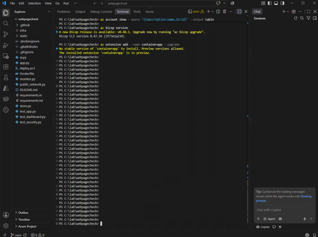 Terminal Visual Studio Code : vérification de la subscription Azure, de Bicep et de l’extension containerapp