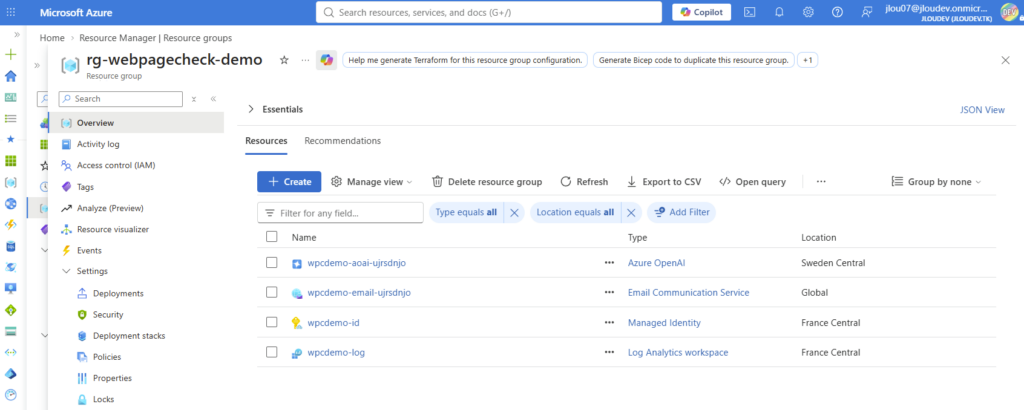 Portail Azure : les ressources webpagecheck apparaissent dans le groupe de ressources