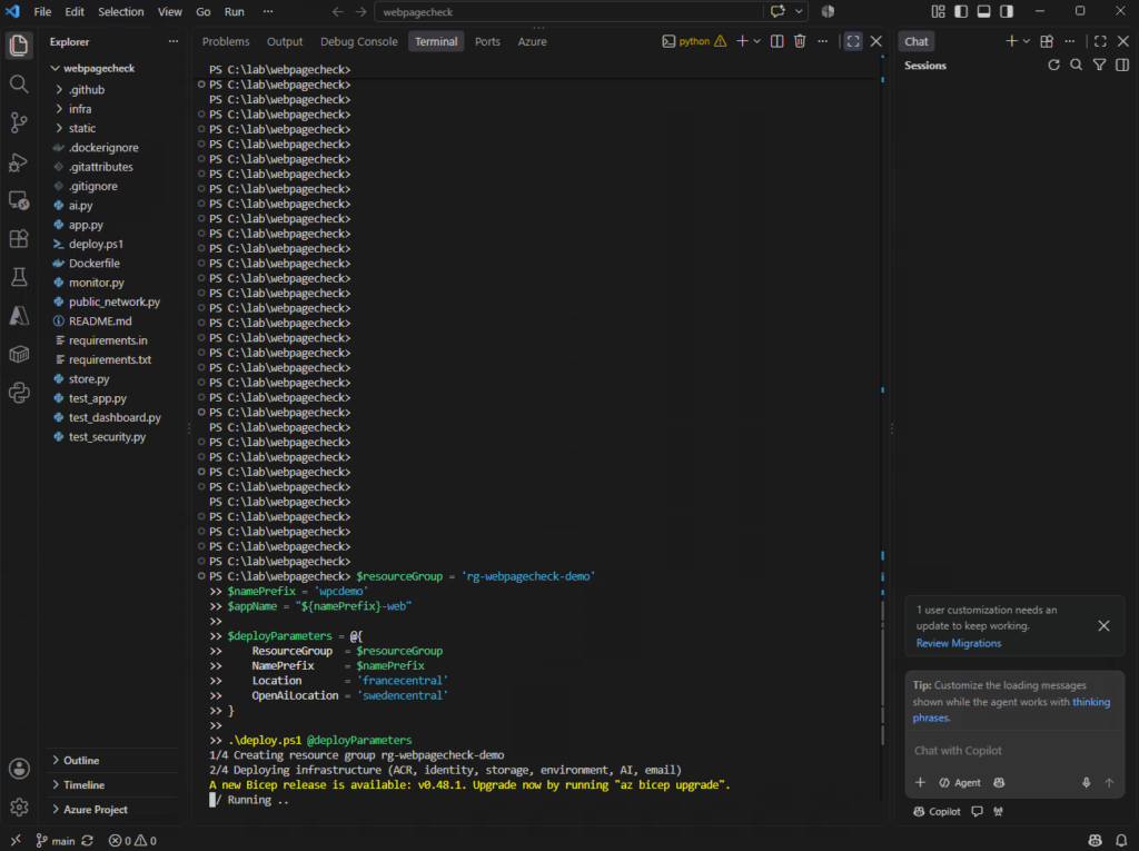 Terminal PowerShell : lancement de deploy.ps1 avec les paramètres du lab et début du déploiement