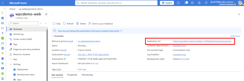 Portail Azure : URL de l’application dans la vue d’ensemble de la Container App