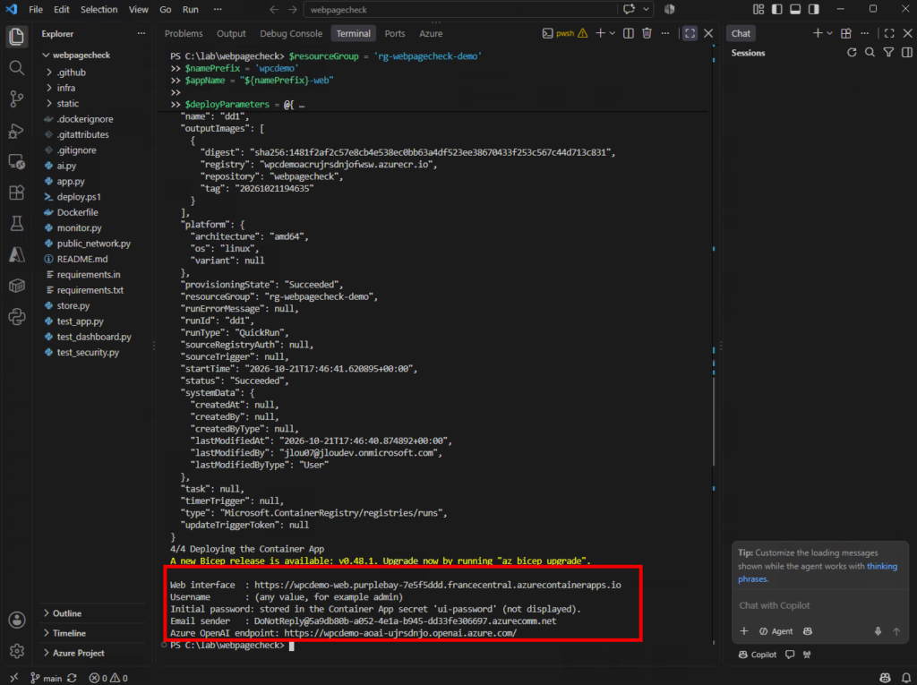 Fin du script de déploiement avec l’URL de l’interface, l’adresse expéditrice et l’endpoint OpenAI