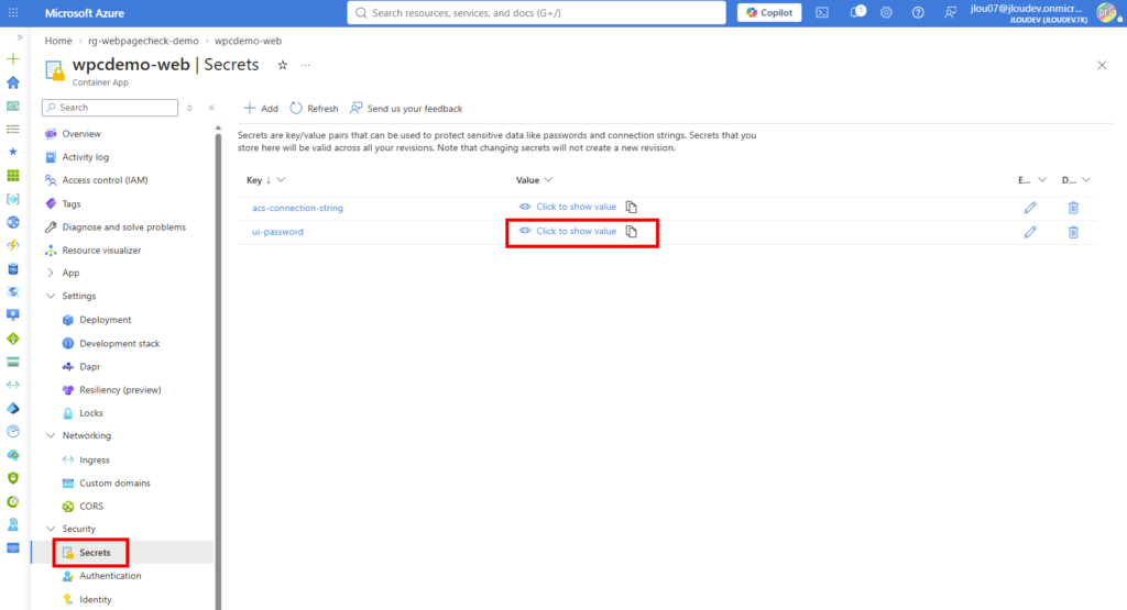 Portail Azure : secret ui-password de la Container App contenant le mot de passe initial