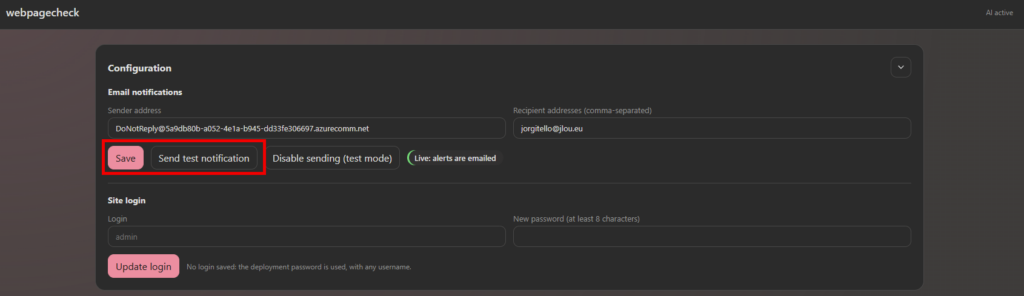 Panneau Configuration de webpagecheck avec l’adresse expéditrice et les destinataires