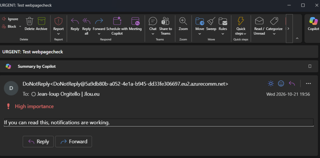 Email de test « URGENT: Test webpagecheck » reçu en importance haute dans Outlook