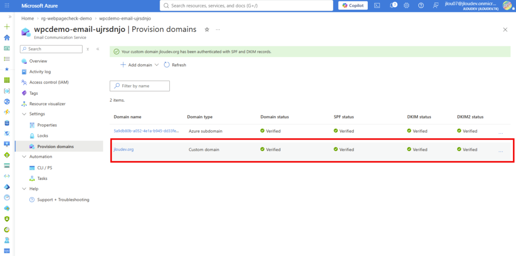 Portail Azure : vérification du domaine personnalisé dans le service Email
