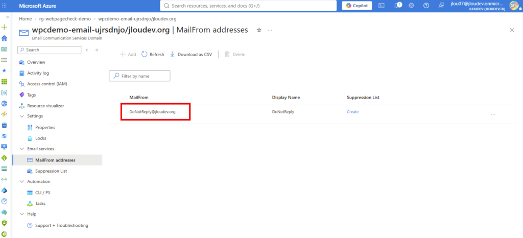 Portail Azure : création d’une adresse MailFrom sur le domaine personnalisé