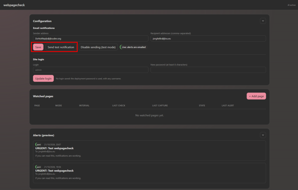 Configuration de webpagecheck avec l’expéditeur du domaine personnalisé et nouvel envoi de test