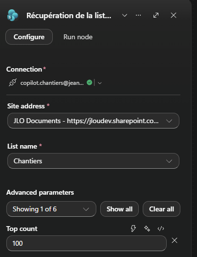 Récupération des chantiers depuis la liste SharePoint