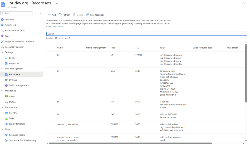 Zone DNS du domaine personnalisé gérée dans Azure