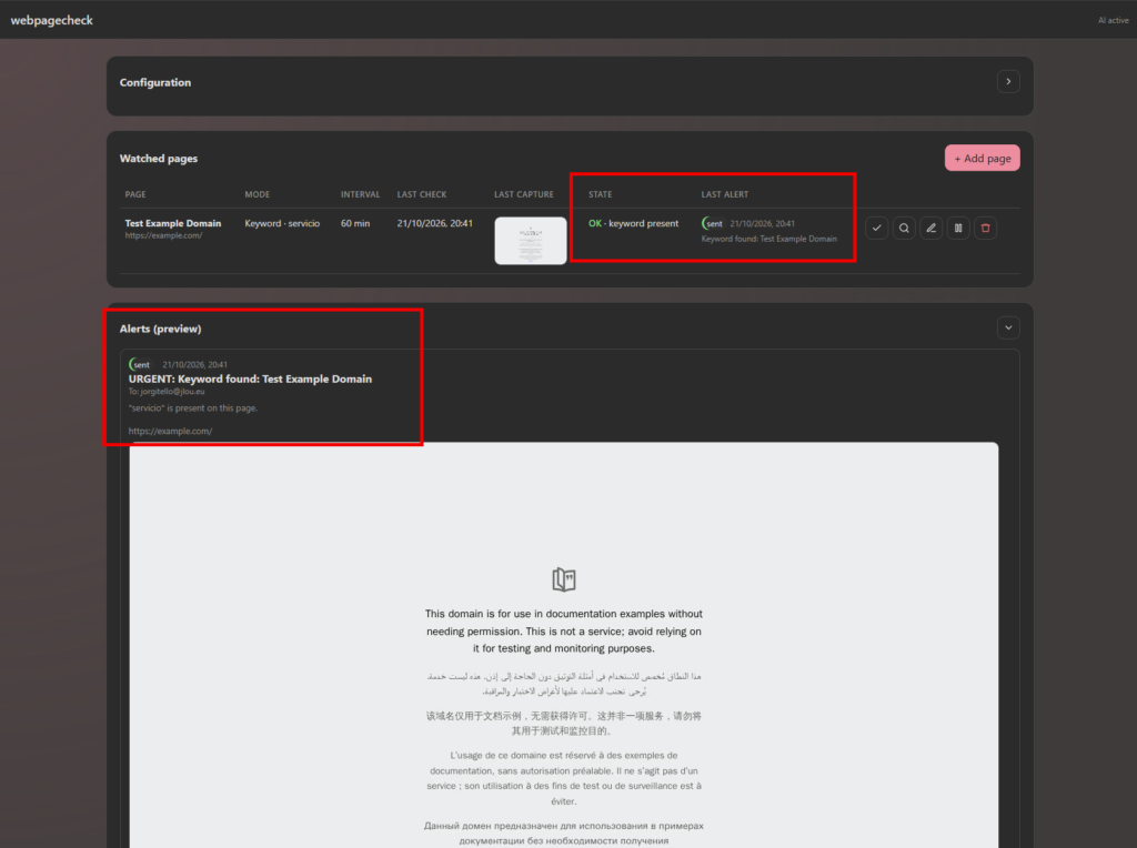 Tableau de bord après la première analyse : mot-clé présent et capture de la page