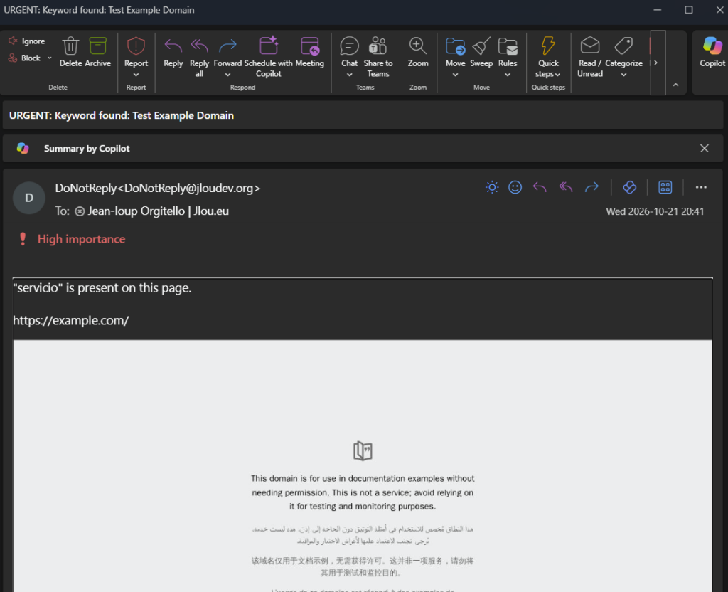 Email d’alerte « Keyword found » reçu avec la capture de la page example.com