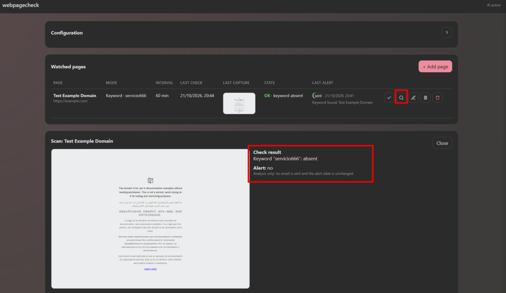 Fenêtre Scan avec la capture, le résultat de l’analyse et l’aperçu de l’email