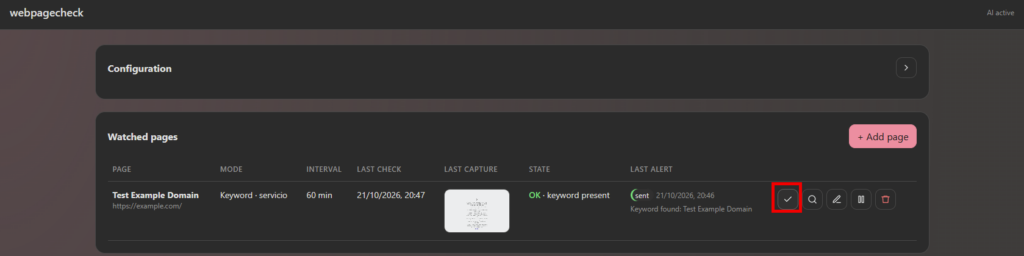Résultat d’un Check now dans le tableau de bord